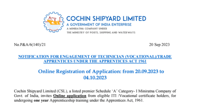 Cochin Shipyard Limited Apprentice Recruitment Apply Online